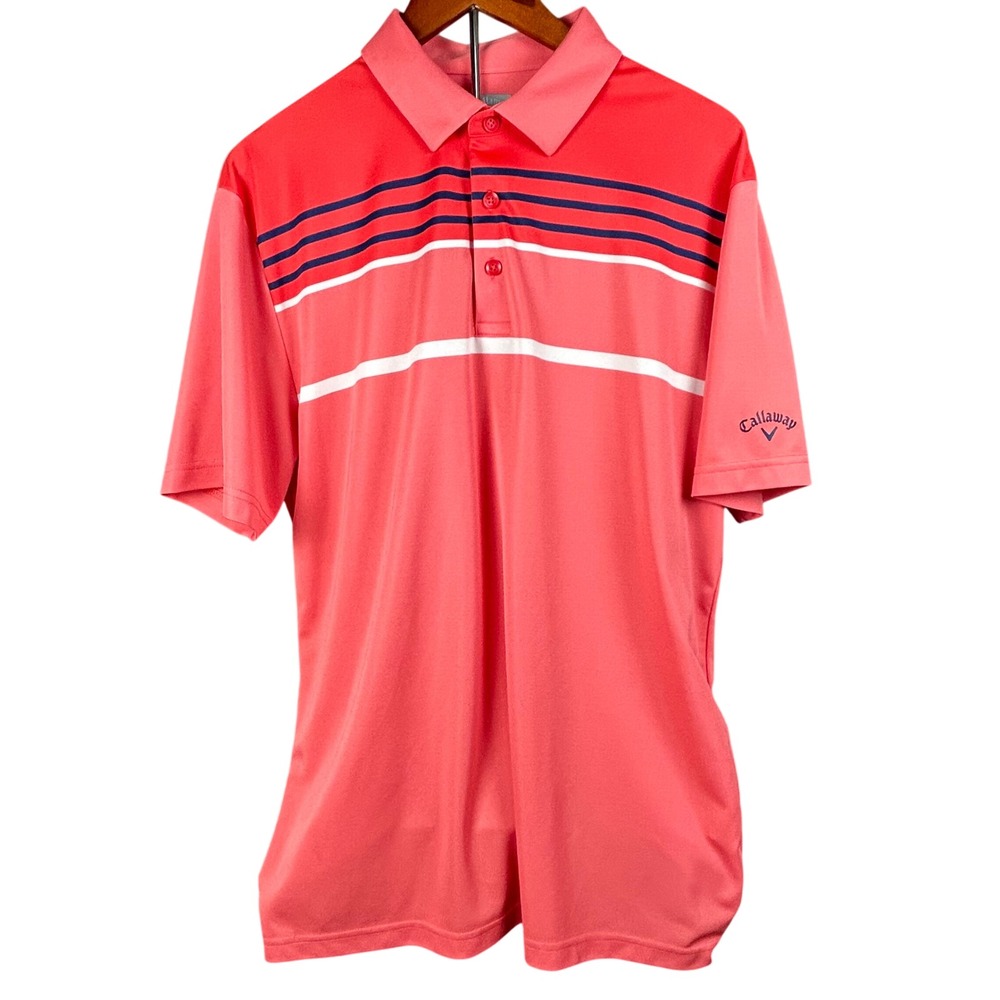Callaway Mens Opti-Dri Striped Golf Polo Shirt Coral Pink Navy Large